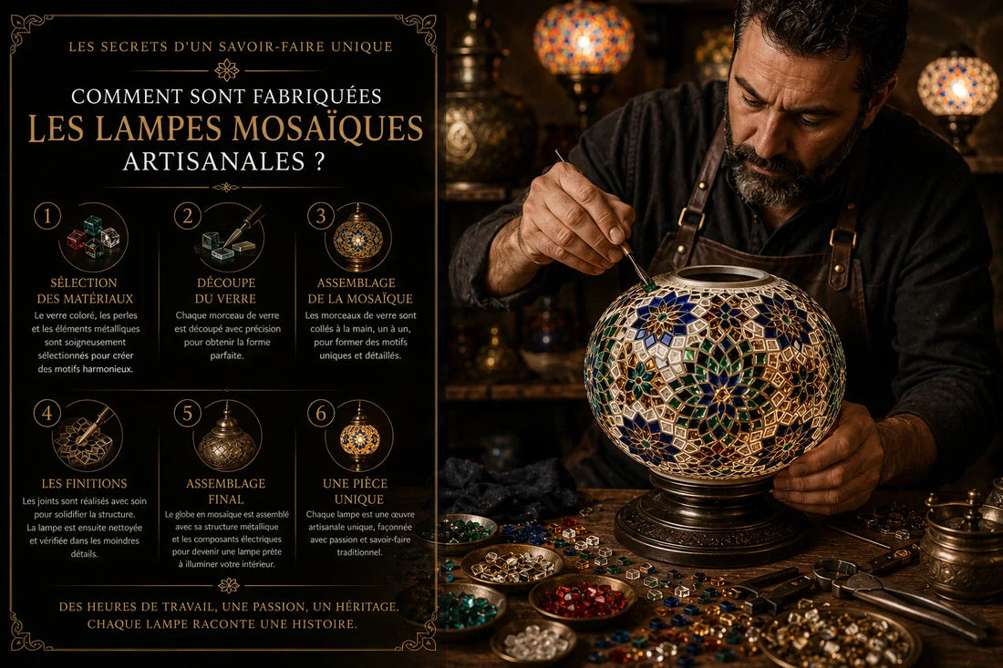 Artisan fabriquant une lampe mosaïque artisanale en assemblant à la main des morceaux de verre coloré sur un globe lumineux.