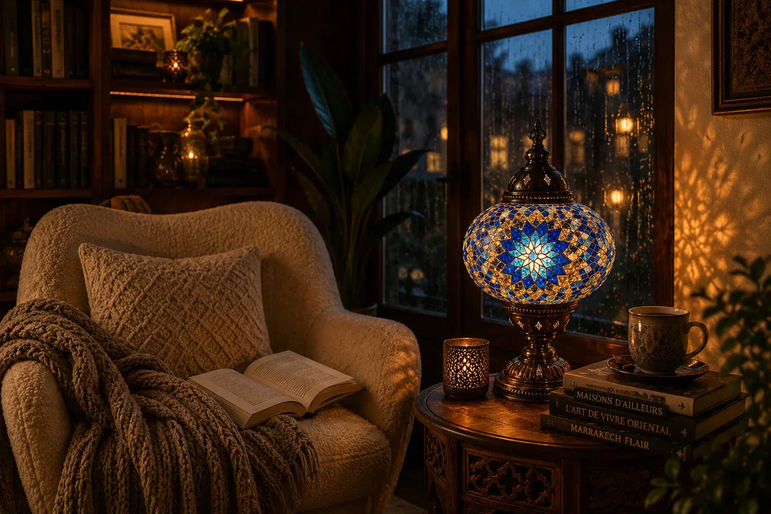 Lampe mosaïque artisanale diffusant une lumière chaleureuse dans un salon élégant avec des meubles en bois et une décoration naturelle.