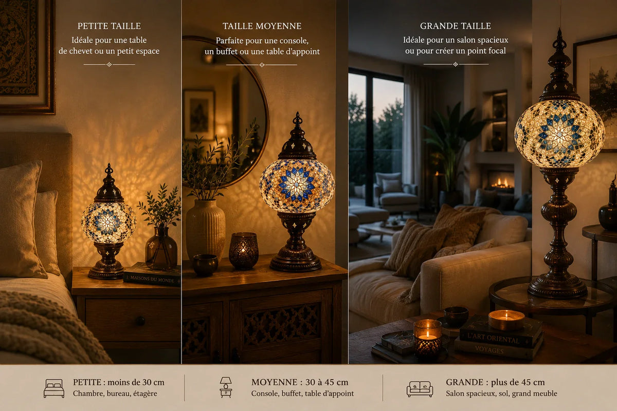 Lampes mosaïques artisanales de différentes tailles présentées dans un intérieur élégant afin d'aider à choisir le modèle adapté à chaque pièce.
