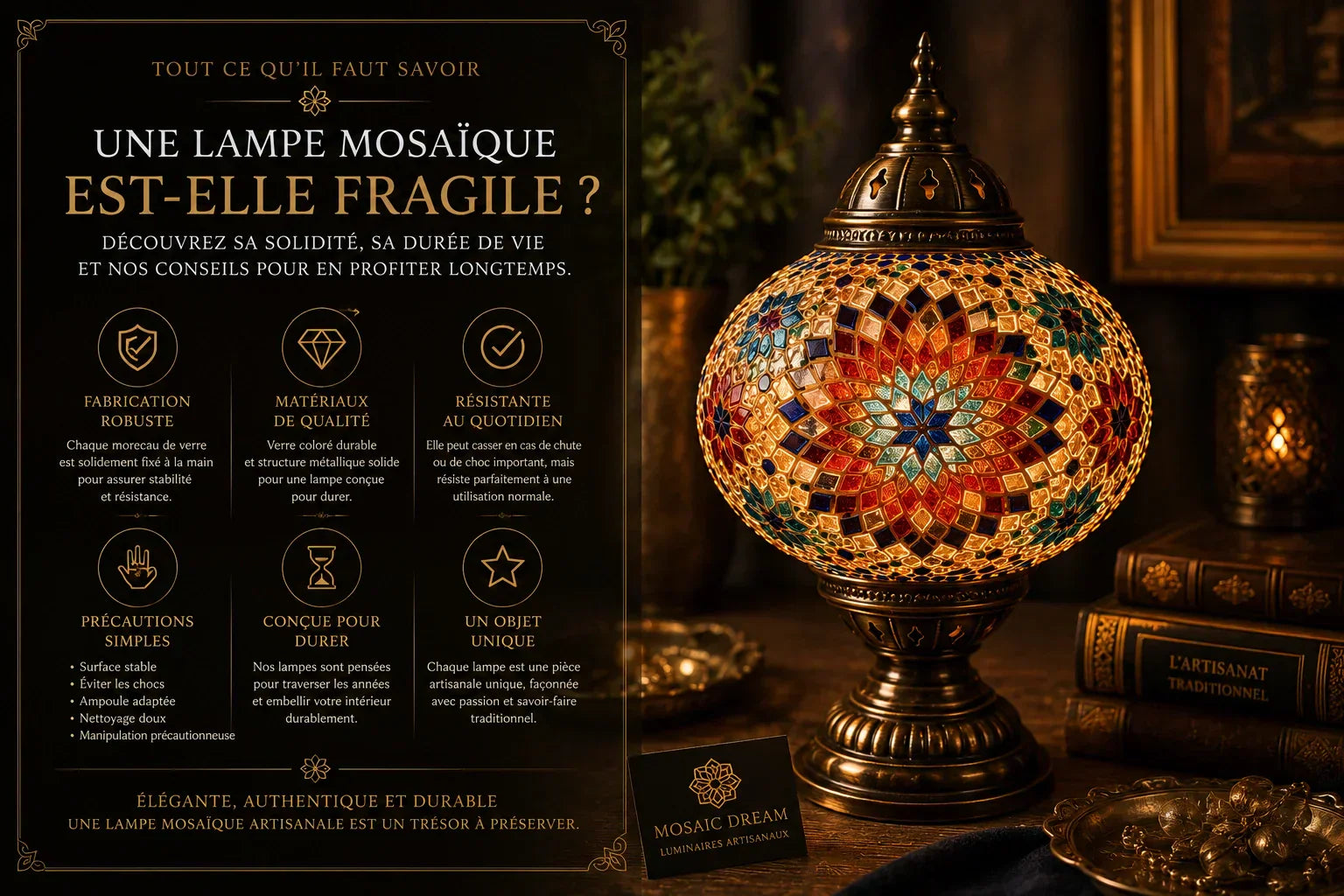 Lampe mosaïque artisanale en verre coloré réalisée à la main, accompagnée d'une infographie présentant sa robustesse, ses matériaux de qualité, sa durabilité et le savoir-faire artisanal.