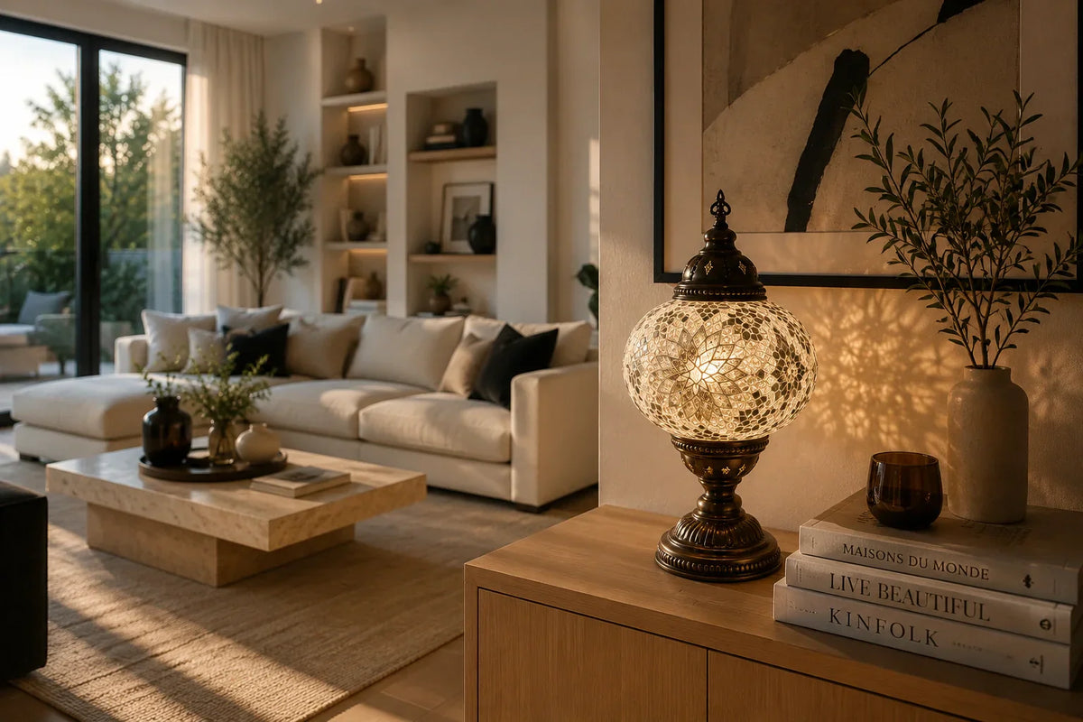 Lampe mosaïque artisanale dans un salon moderne aux tons naturels, associant mobilier contemporain, bois clair et lumière chaleureuse.