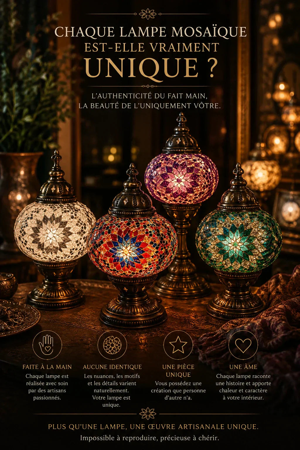 Lampe mosaïque artisanale unique réalisée à la main, mettant en valeur des motifs en verre coloré et le savoir-faire traditionnel.