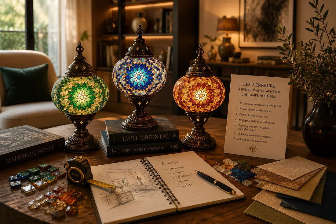 Lampe mosaïque artisanale présentée dans un intérieur élégant, illustrant les critères essentiels à vérifier avant l'achat d'une création faite à la main.