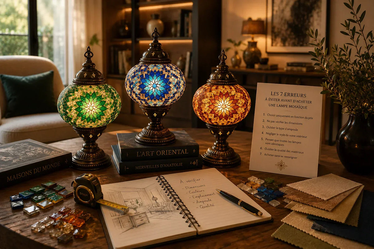 Lampe mosaïque artisanale présentée dans un intérieur élégant, illustrant les critères essentiels à vérifier avant l'achat d'une création faite à la main.