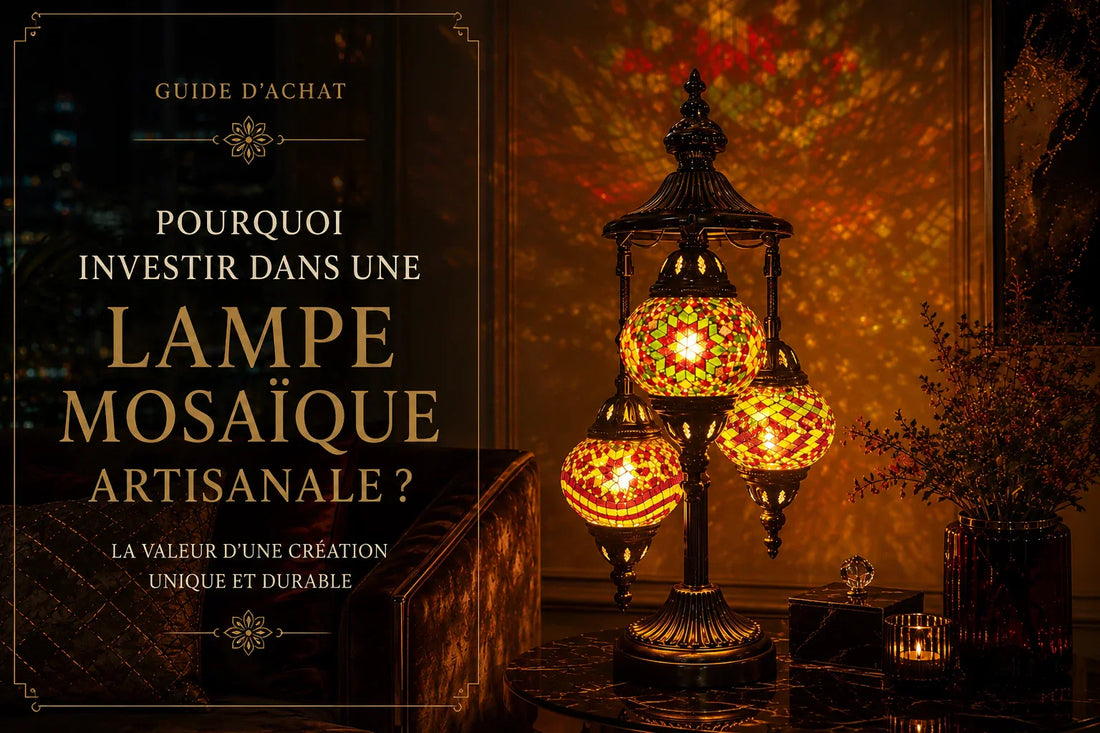 Lampe mosaïque artisanale fabriquée à la main en verre coloré, illustrant le savoir-faire traditionnel et la qualité d'une création unique.