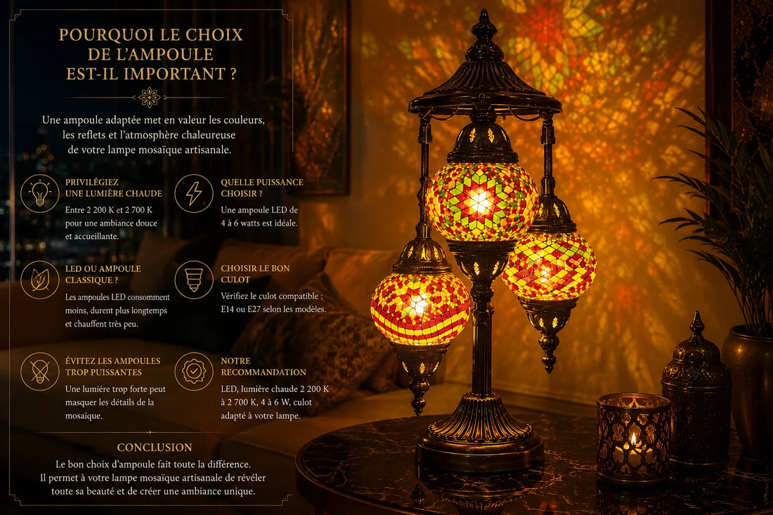 Lampe mosaïque artisanale allumée avec une ampoule LED à lumière chaude, mettant en valeur les motifs en verre coloré et l'ambiance chaleureuse.