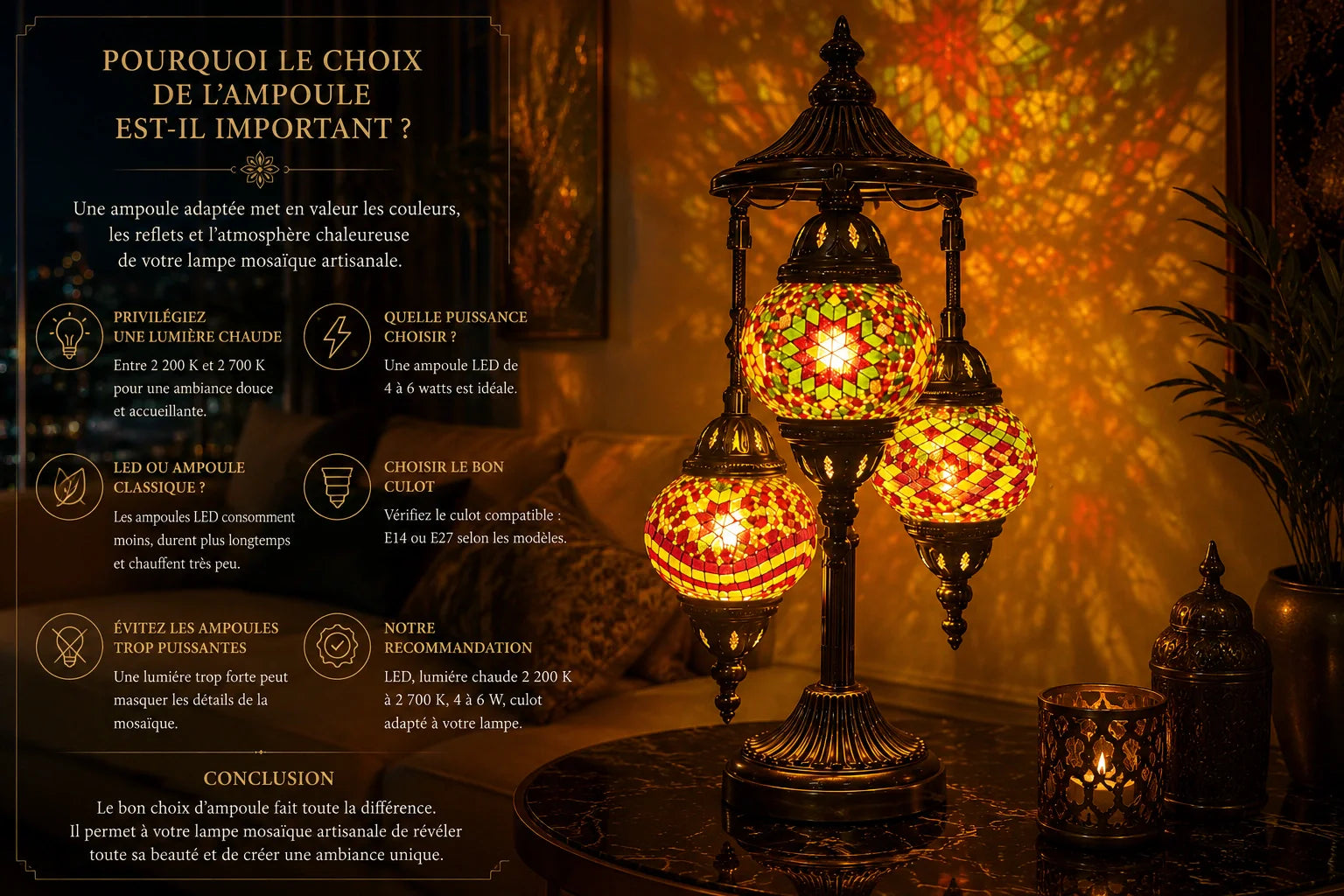 Lampe mosaïque artisanale allumée avec une ampoule LED à lumière chaude, mettant en valeur les motifs en verre coloré et l'ambiance chaleureuse.