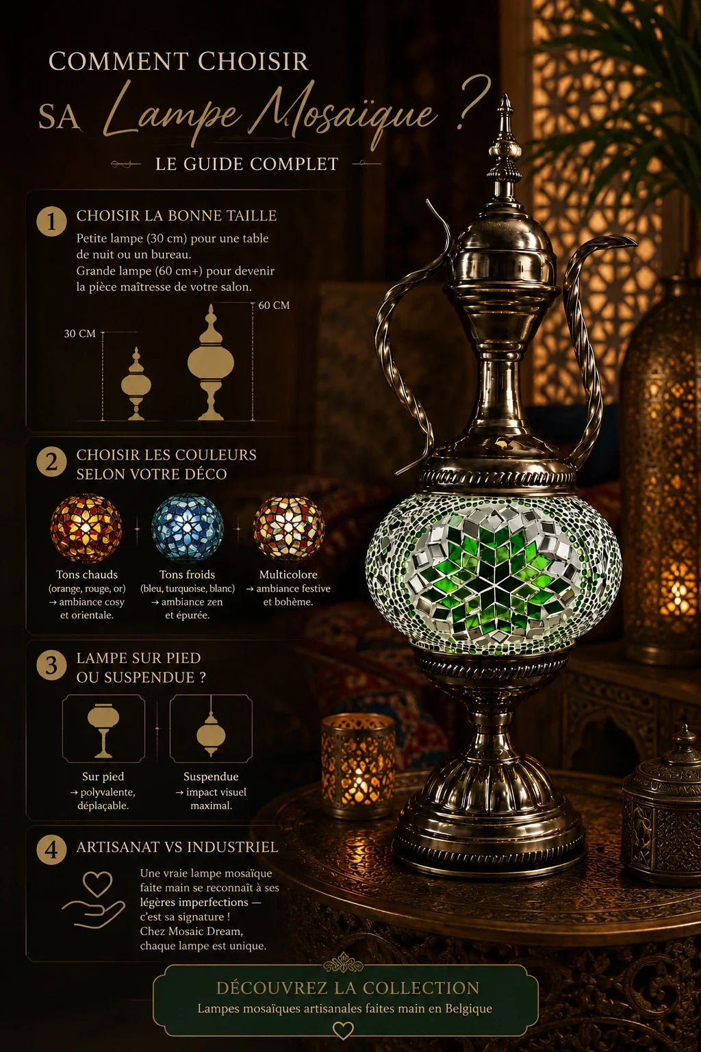 Comment choisir une lampe mosaïque : guide d'achat avec une lampe mosaïque artisanale faite main, conseils sur la taille, les couleurs et le style pour votre décoration intérieure.