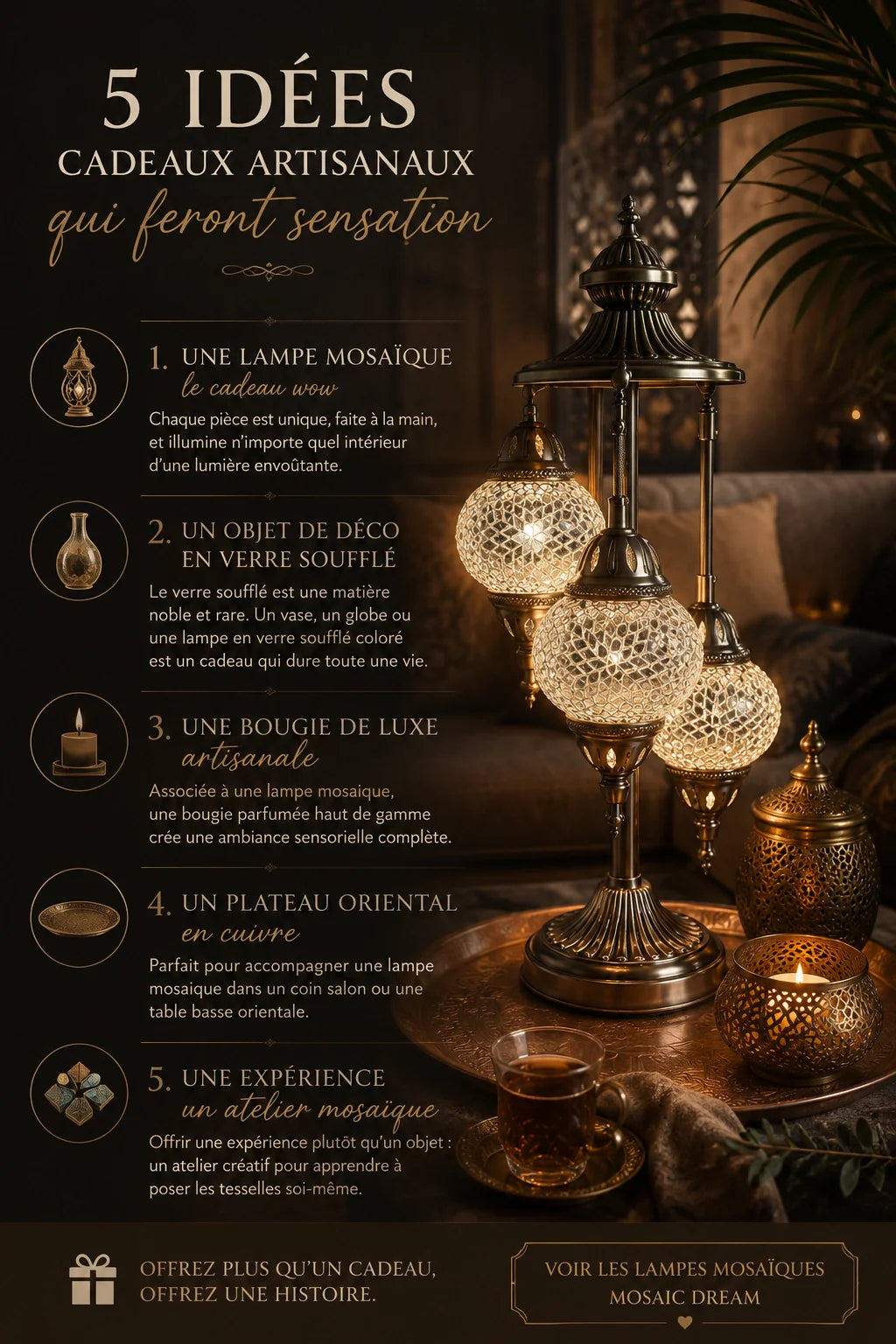 Idées de cadeaux artisanaux avec une lampe mosaïque à trois globes en verre soufflé, idéale pour offrir un cadeau unique et créer une ambiance chaleureuse.