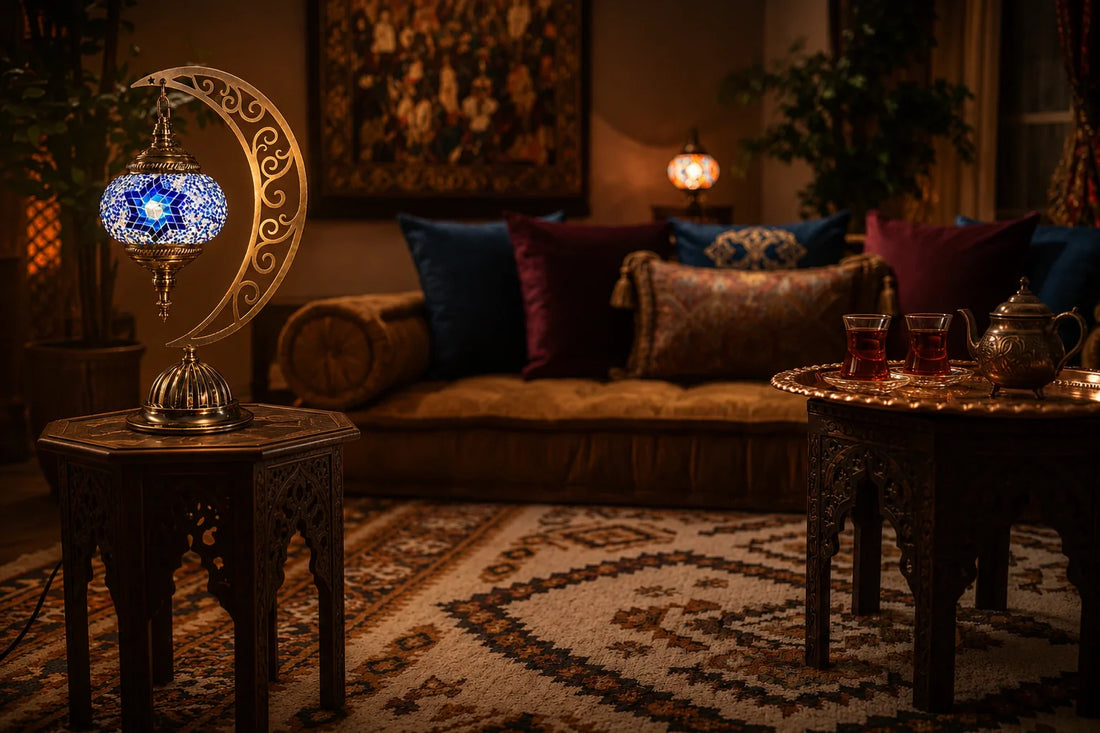 Salon oriental chaleureux avec une lampe mosaïque bleue artisanale sur pied en forme de croissant de lune, illustrant comment choisir la couleur idéale selon sa décoration intérieure.