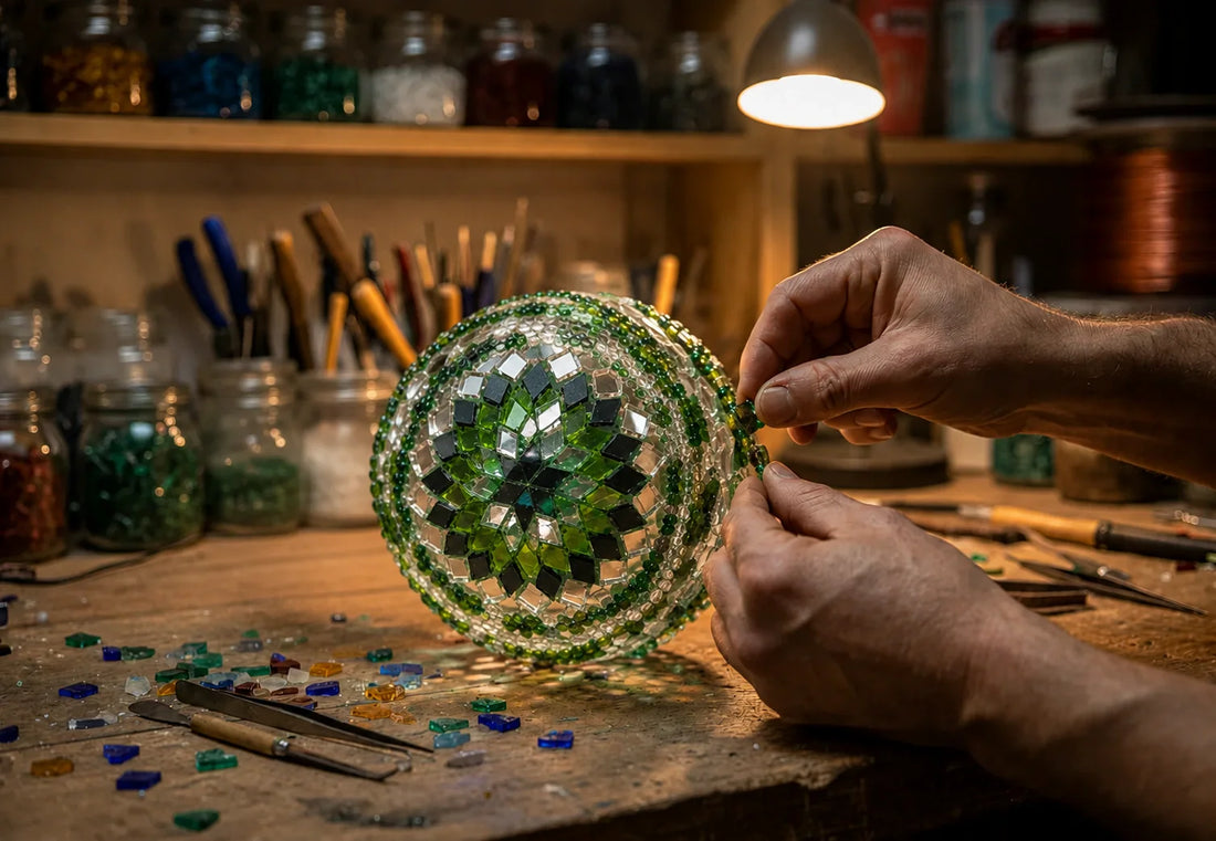 Mains d'artisan posant des tesselles de verre colorées sur une lampe mosaïque faite à la main, illustrant le savoir-faire artisanal de Mosaic Dream