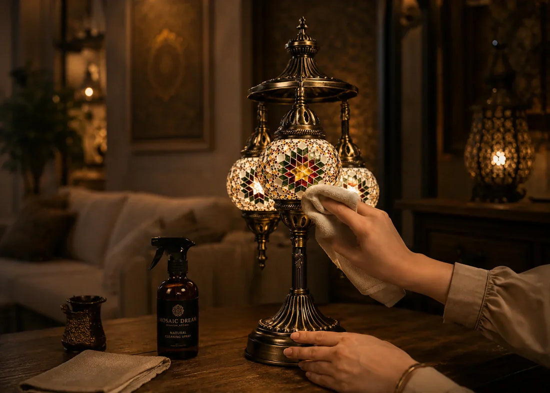 Nettoyage d'une lampe mosaïque artisanale avec un chiffon doux pour préserver l'éclat du verre coloré et des finitions faites à la main.
