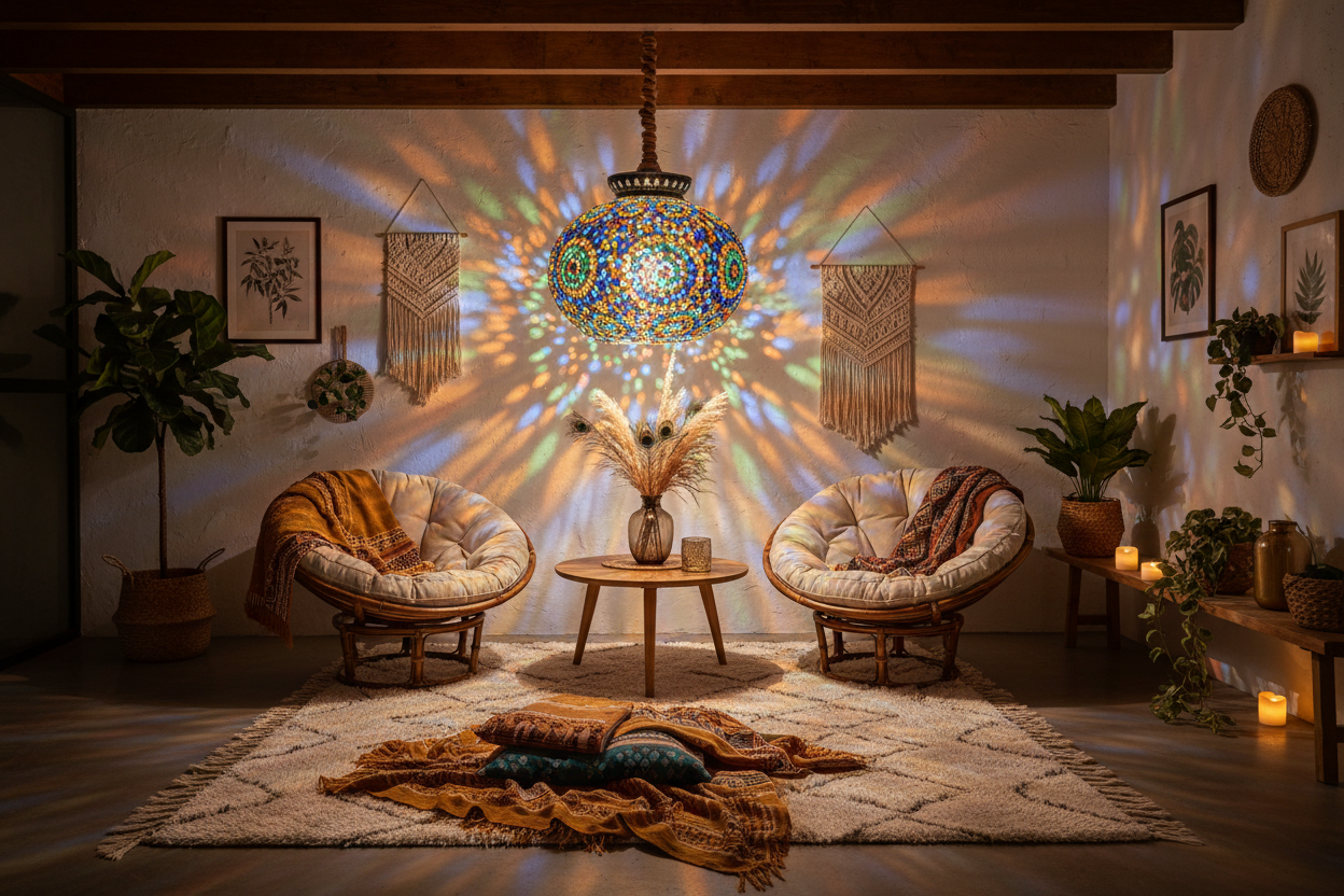 ampe mosaïque suspendue multicolore illuminant un salon bohème avec des jeux de lumière colorés sur les murs, entouré de fauteuils en rotin, macramé et bougies