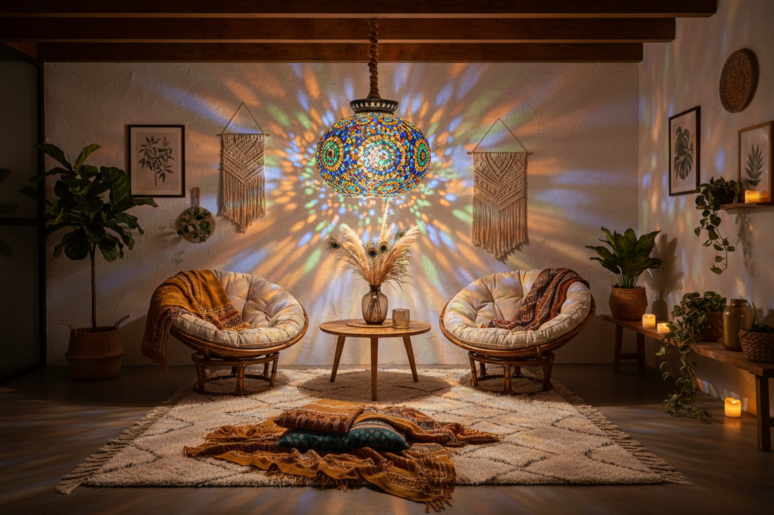 ampe mosaïque suspendue multicolore illuminant un salon bohème avec des jeux de lumière colorés sur les murs, entouré de fauteuils en rotin, macramé et bougies