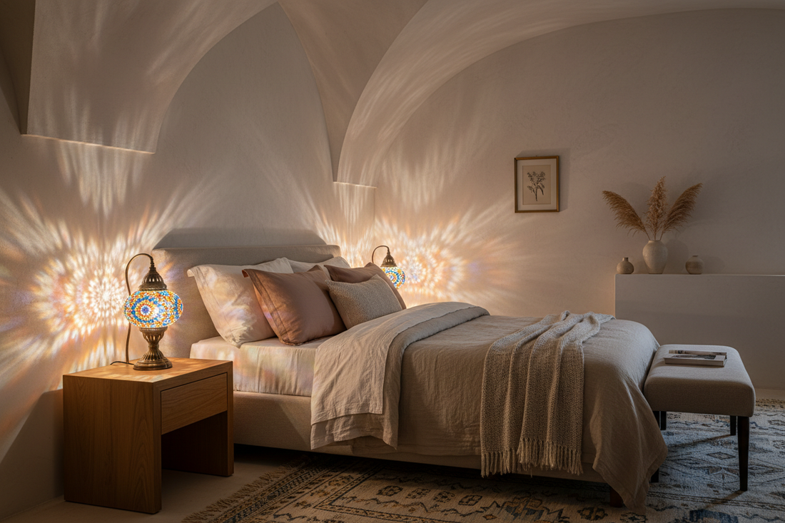 Lampe mosaïque artisanale allumée sur une table de chevet dans une chambre élégante, diffusant une lumière douce et colorée pour une ambiance chaleureuse et apaisante