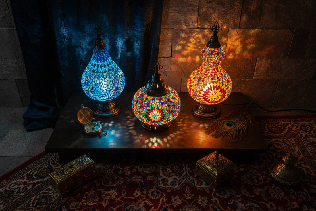 Lampes mosaïques artisanales allumées en bleu, multicolore et tons chauds dorés, projetant des jeux de lumière colorés dans un intérieur élégant