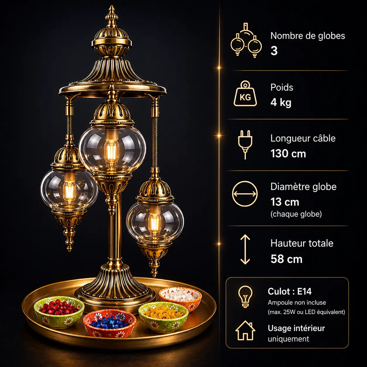 Lampe lune mosaïque artisanale avec globe en verre transparent et perles colorées, création faite main inspirée de l’art turc, posée sur une table avec matériaux de mosaïque autour
