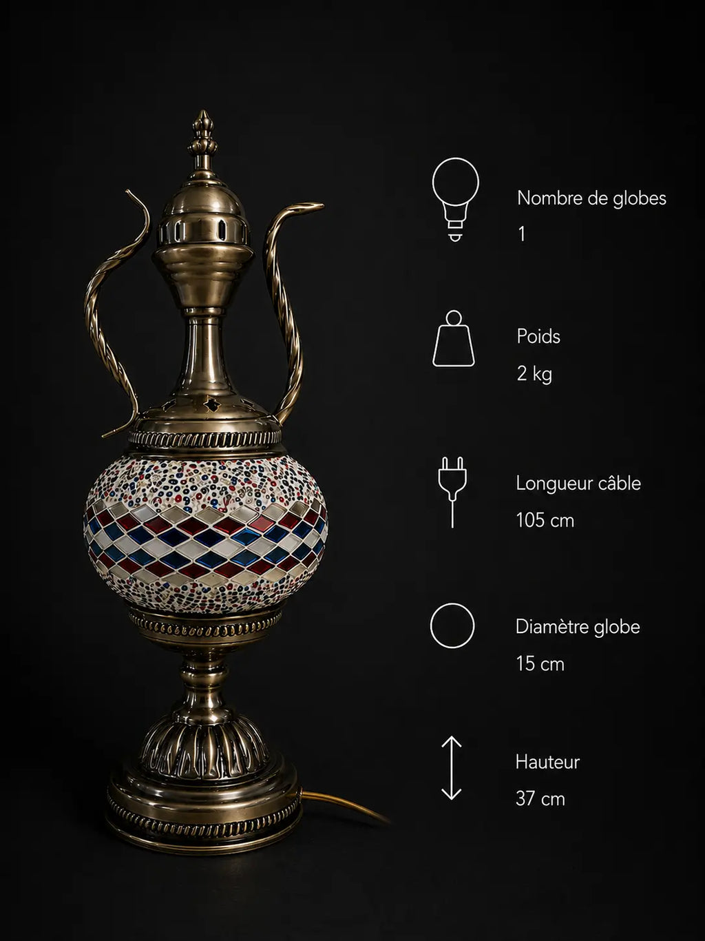 Lampe théière mosaïque – dimensions H 37 cm globe 15 cm câble 105 cm Mosaic Dream