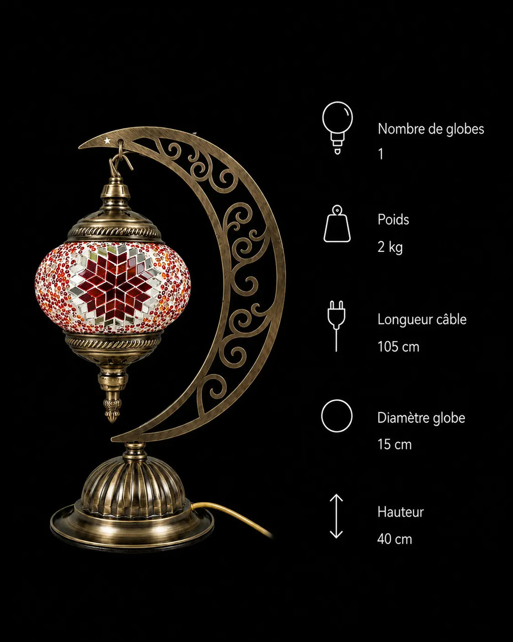 Lampe lune mosaïque orange et argenté – dimensions H 40 cm câble 110 cm globe 15 cm Mosaic Dream