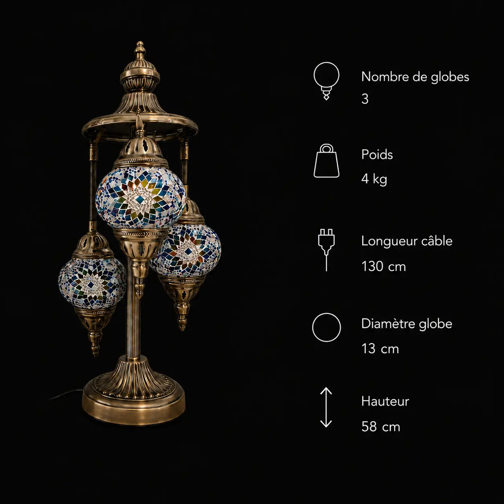 Dimensions lampe mosaïque 3 globes bleue et ambre – décoration maison artisanale