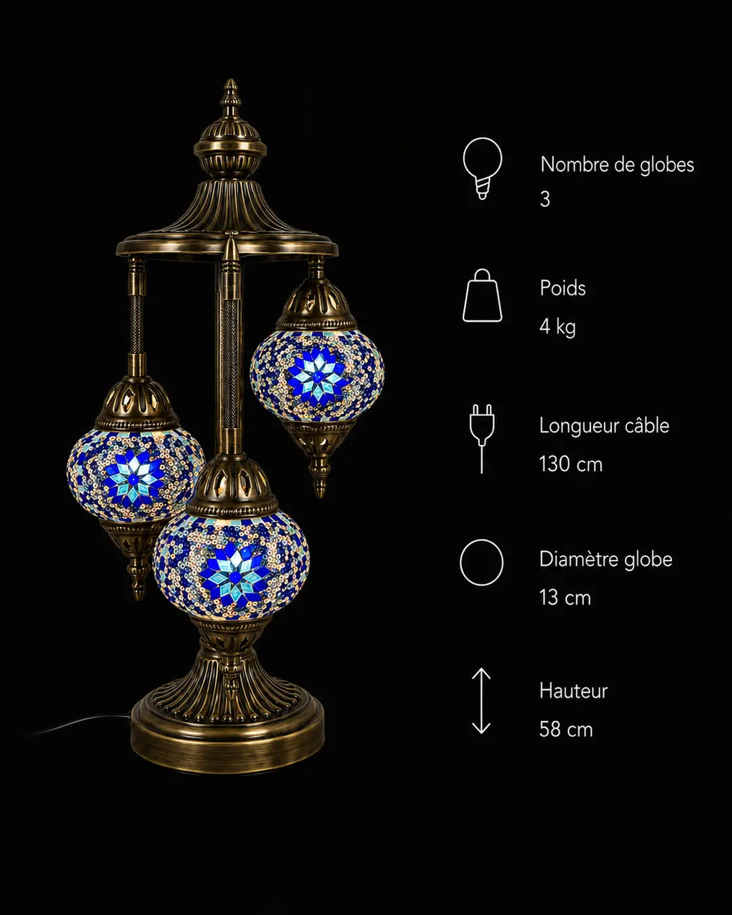 Lampe mosaïque 3 globes bleue – dimensions et caractéristiques fond noir – Mosaic Dream