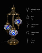 Lampe mosaïque 3 globes bleue – dimensions et caractéristiques fond noir – Mosaic Dream