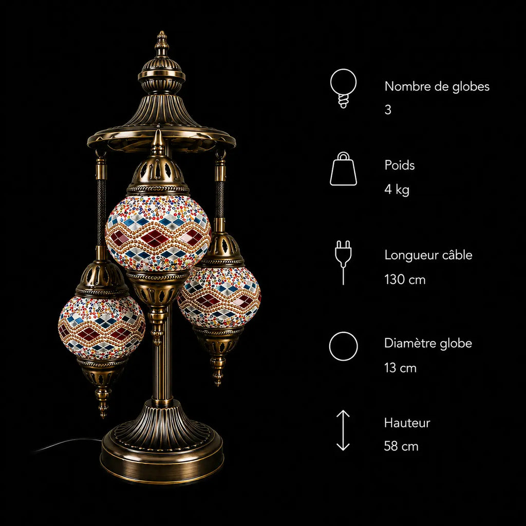 Lampe mosaïque 3 globes rouge et or – dimensions H 58 cm câble 130 cm globe 13 cm Mosaic Dream