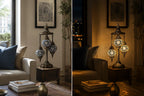 Lampe mosaïque 3 globes dans un salon – décoration orientale chaleureuse allumée