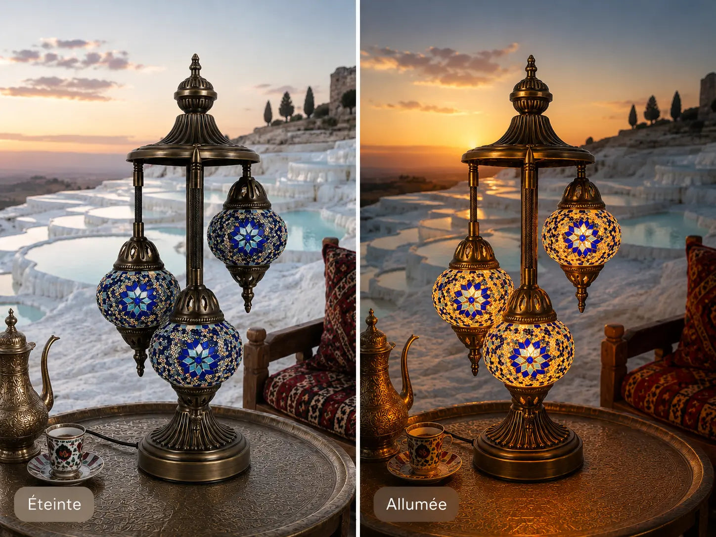 Lampe mosaïque 3 globes bleue – salon coucher de soleil ambiance – Mosaic Dream