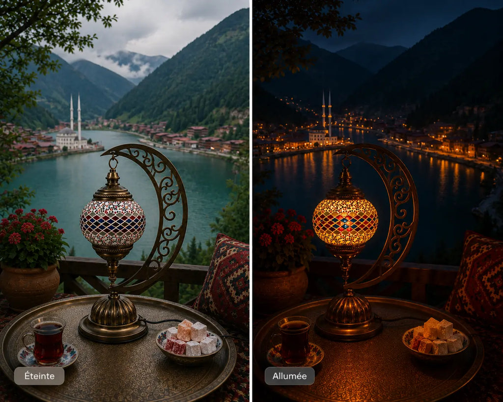 Lampe lune mosaïque veilleuse éteinte et allumée – ambiance orientale Uzungöl Turquie