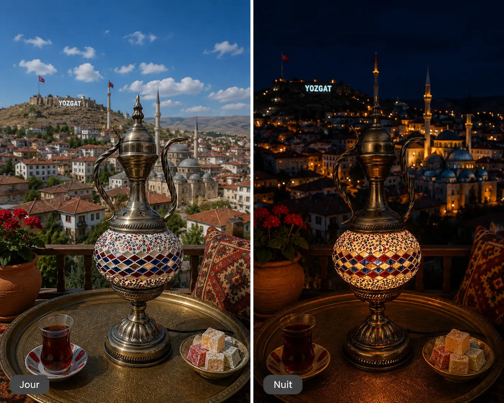 Lampe théière mosaïque allumée jour et nuit – vue sur Yozgat Turquie décoration orientale artisanale