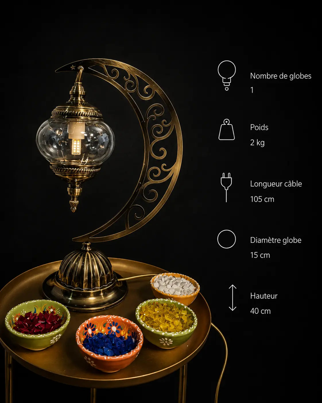 Lampe Lune Mosaïque Mosaic Dream – caractéristiques techniques : 1 globe, poids 2 kg, câble 105 cm, diamètre globe 15 cm, hauteur 40 cm
