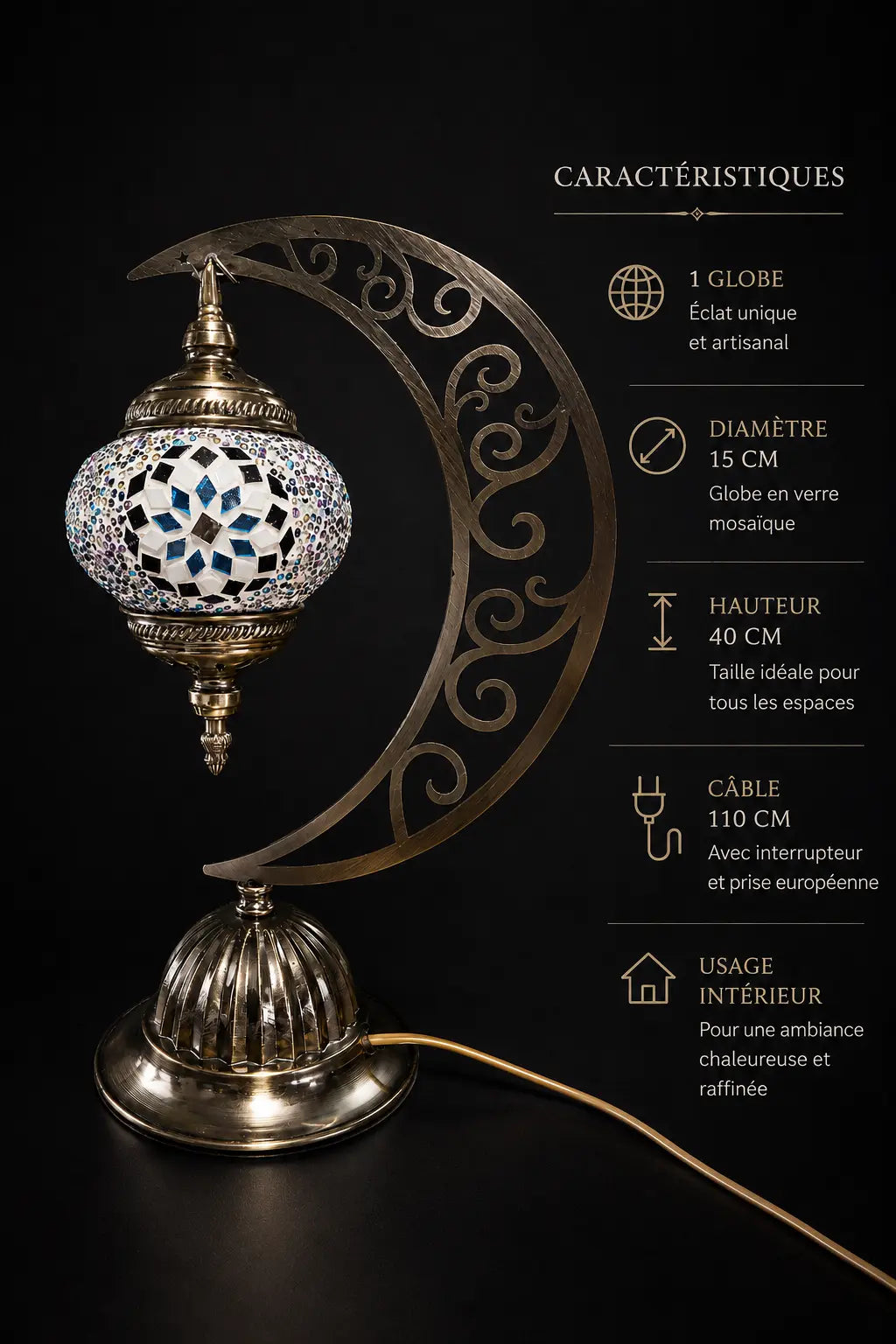 Lampe Lune Mosaïque Mauve et Bleue Mosaic Dream – caractéristiques techniques : hauteur 40 cm, globe 15 cm, câble 110 cm, poids 2 kg