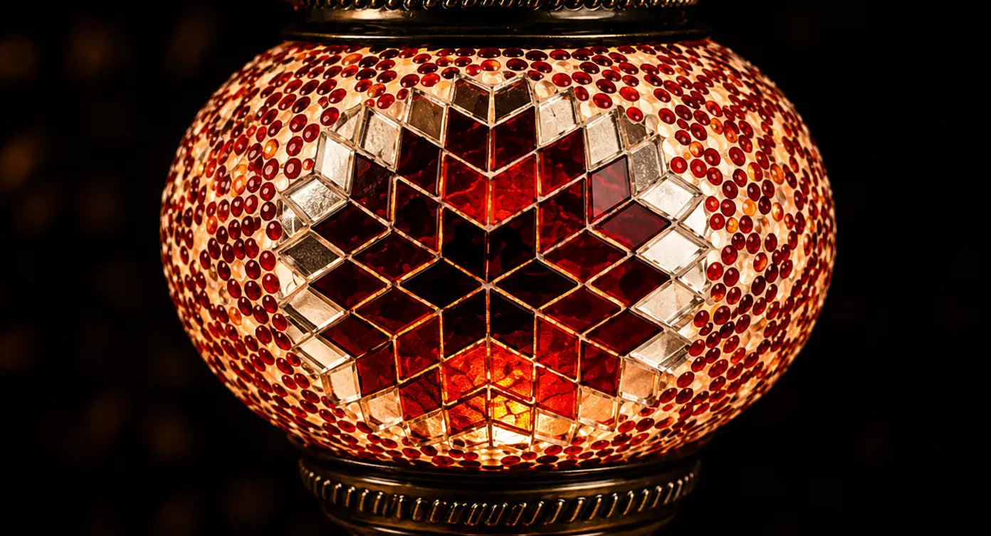 Zoom globe lampe théière mosaïque orange – motif étoile rouge et argent fond noir – Mosaic Dream