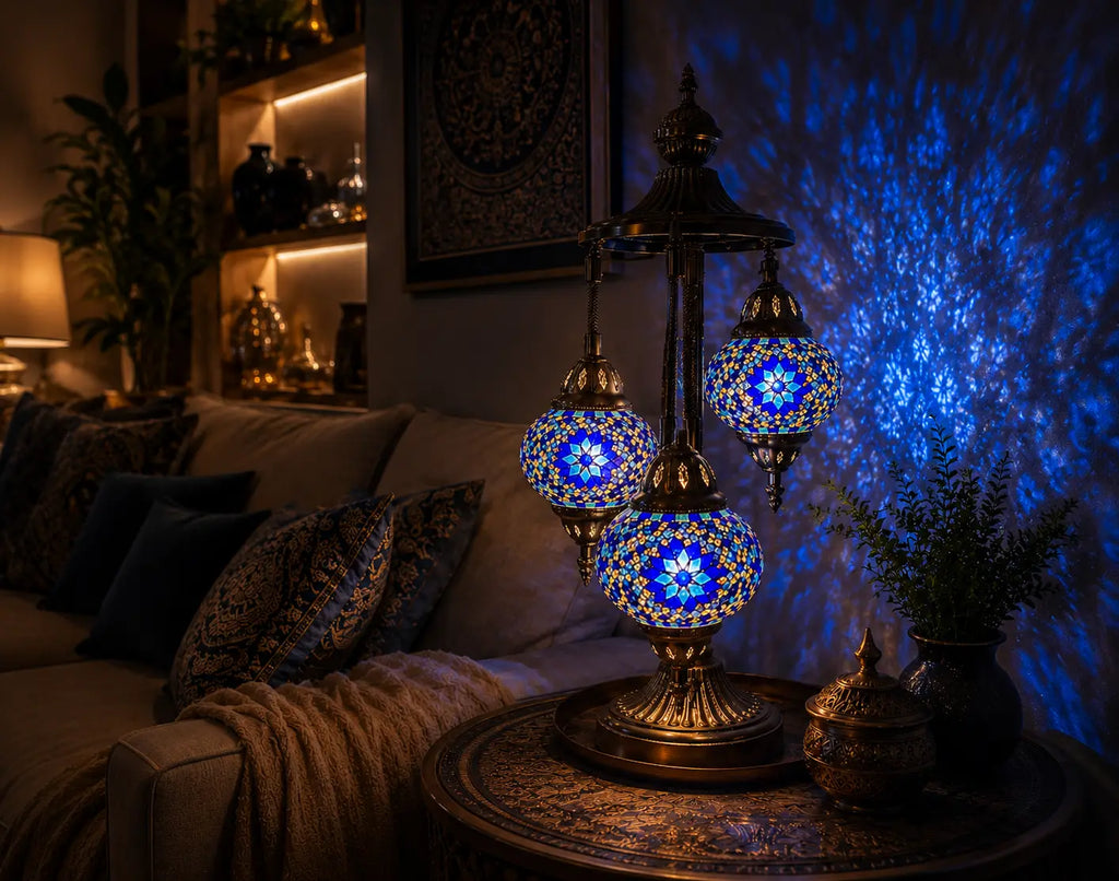 Lampe mosaïque 3 globes bleue – projection lumineuse salon nuit – Mosaic Dream