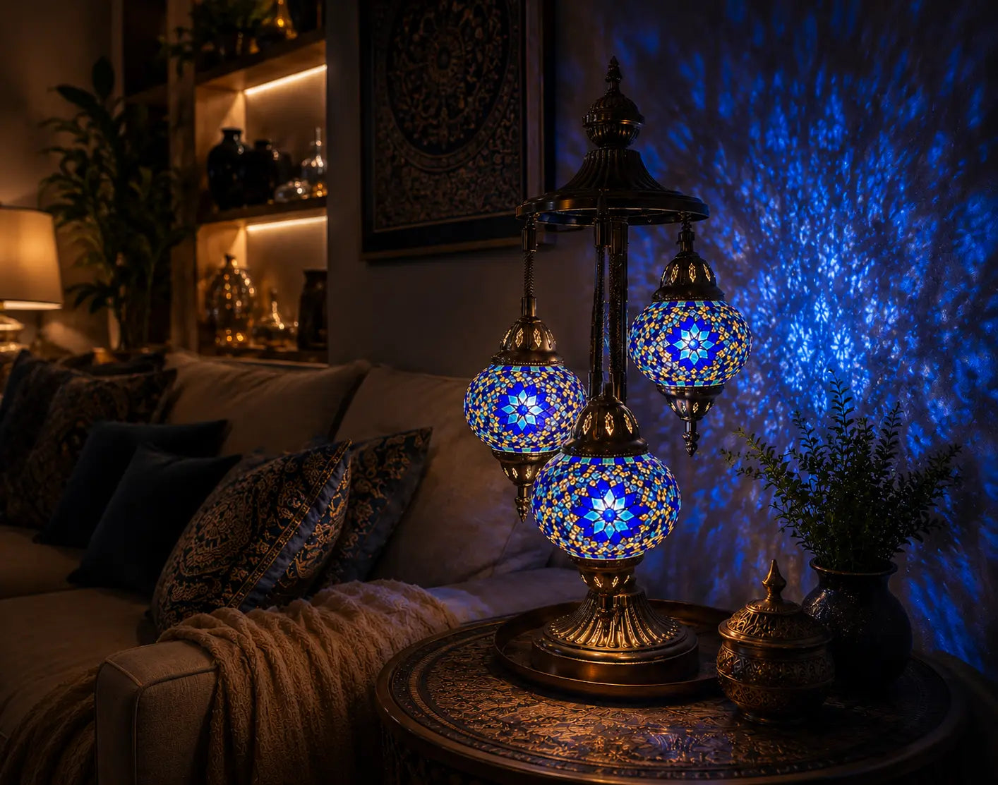 Lampe mosaïque 3 globes bleue – projection lumineuse salon nuit – Mosaic Dream