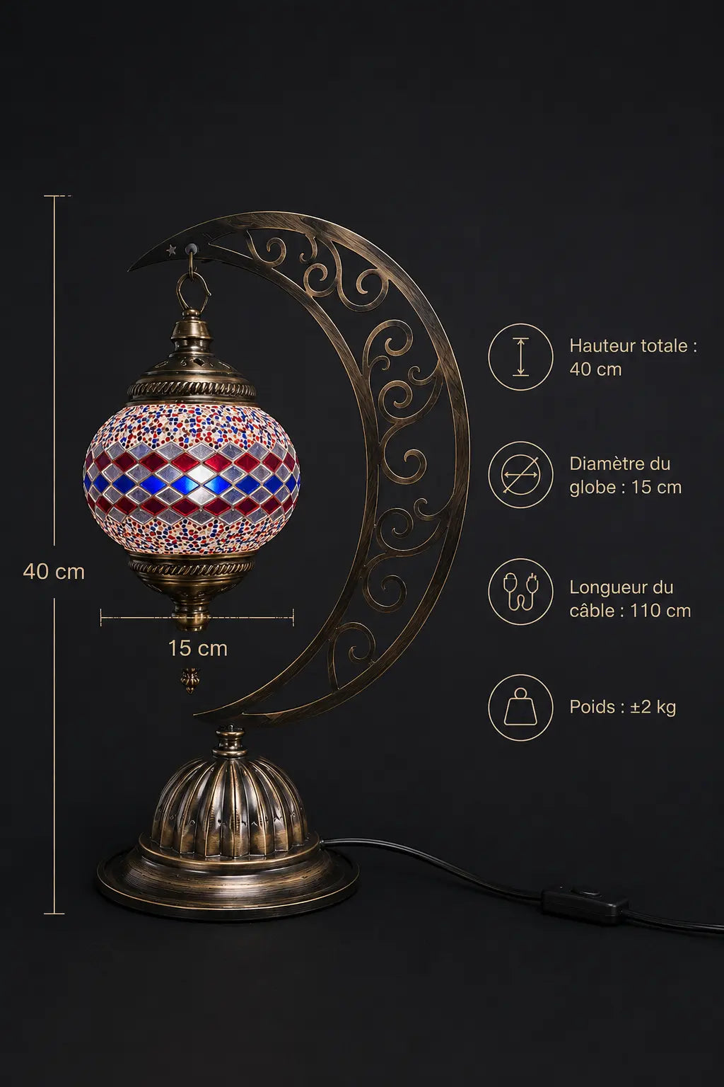Lampe lune mosaïque veilleuse – dimensions et caractéristiques fond noir – Mosaic Dream