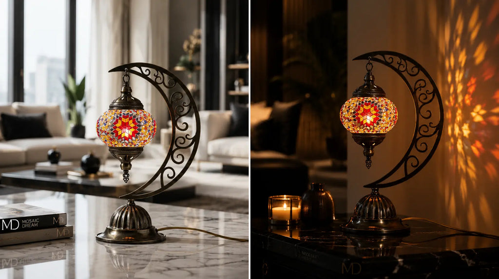 Lampe lune mosaïque orange – diptyque salon moderne et ambiance nuit – Mosaic Dream