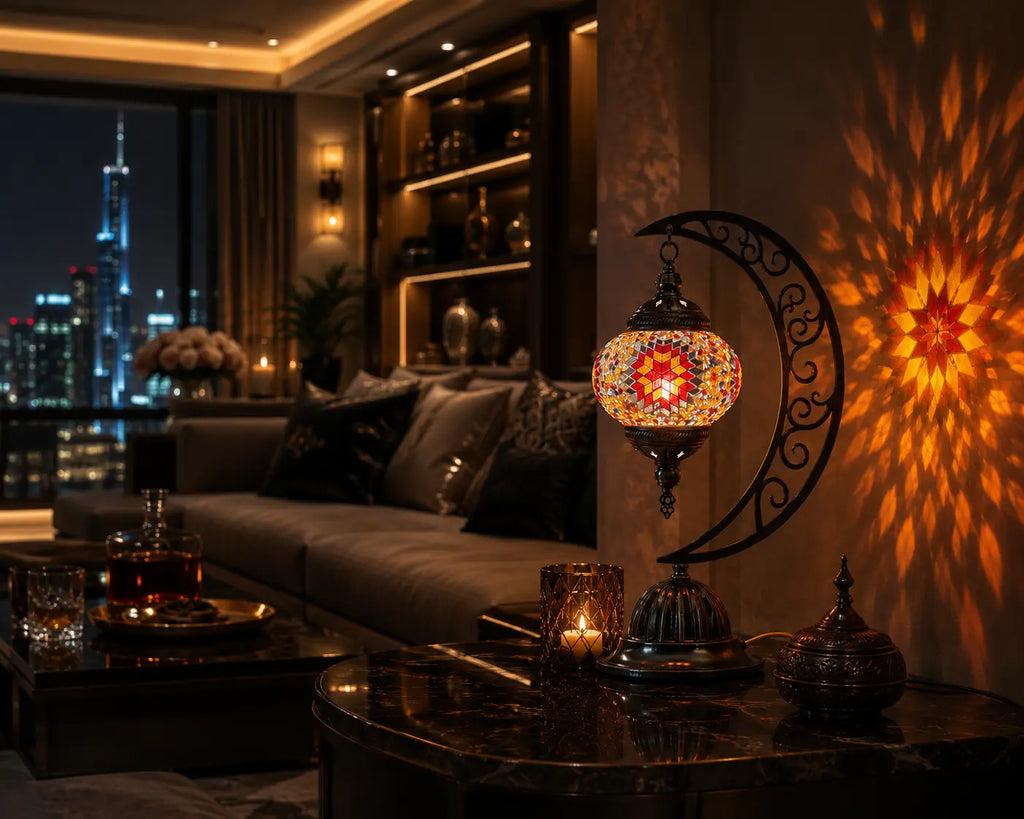 Lampe lune mosaïque orange – salon luxueux vue sur ville nuit – Mosaic Dream