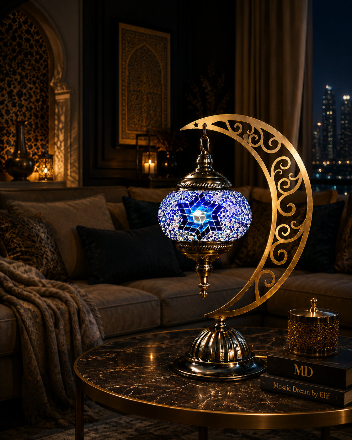 Lampe lune mosaïque bleue – salon oriental ambiance nuit – Mosaic Dream