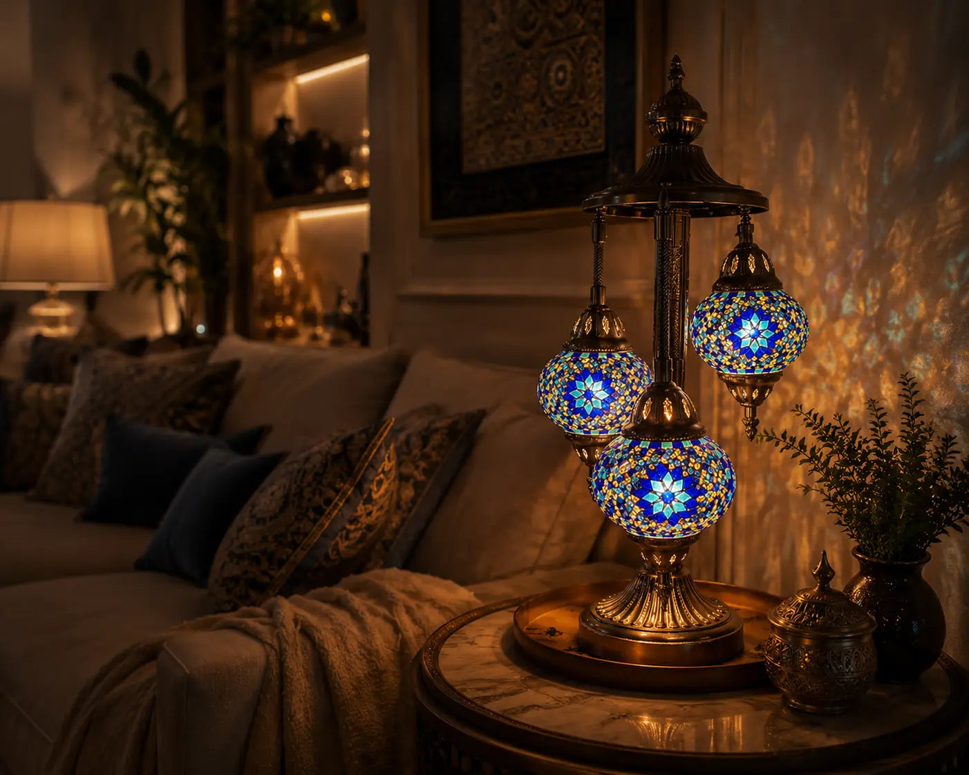 Lampe mosaïque 3 globes bleue – salon cosy ambiance nuit – Mosaic Dream