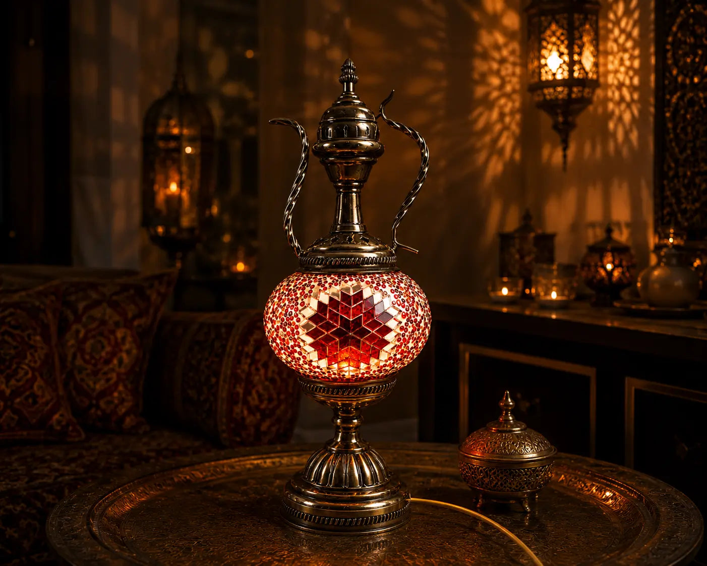 Lampe théière mosaïque orange – salon oriental ambiance nuit – Mosaic Dream