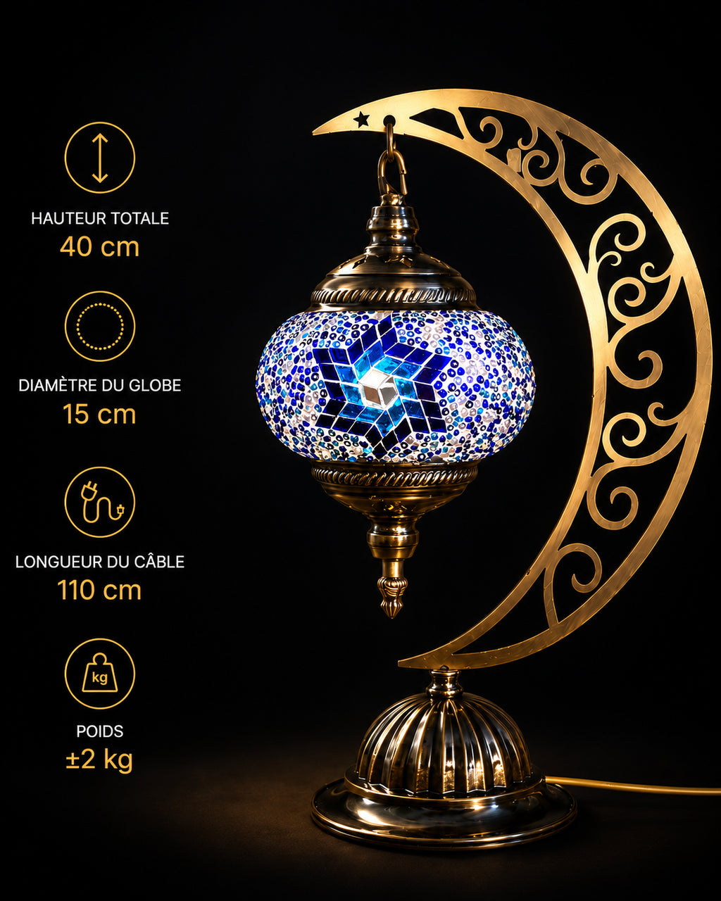 Lampe lune mosaïque bleue – dimensions et caractéristiques fond noir – Mosaic Dream