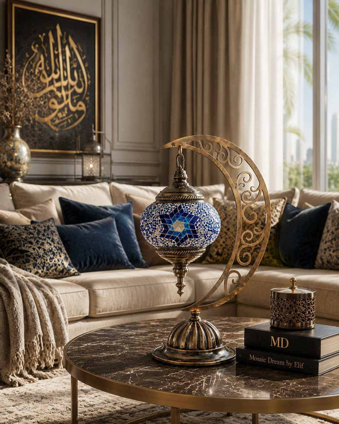 Lampe lune mosaïque bleue – salon luxueux ambiance dorée – Mosaic Dream