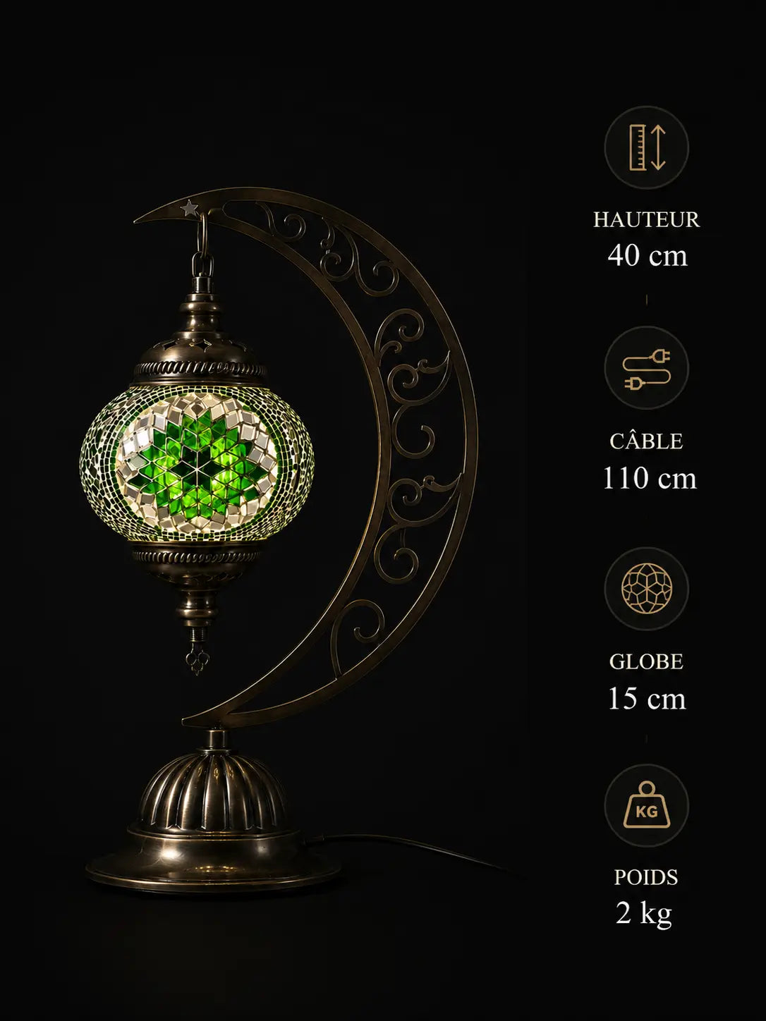 Lampe lune mosaïque verte – dimensions et caractéristiques fond noir – Mosaic Dream