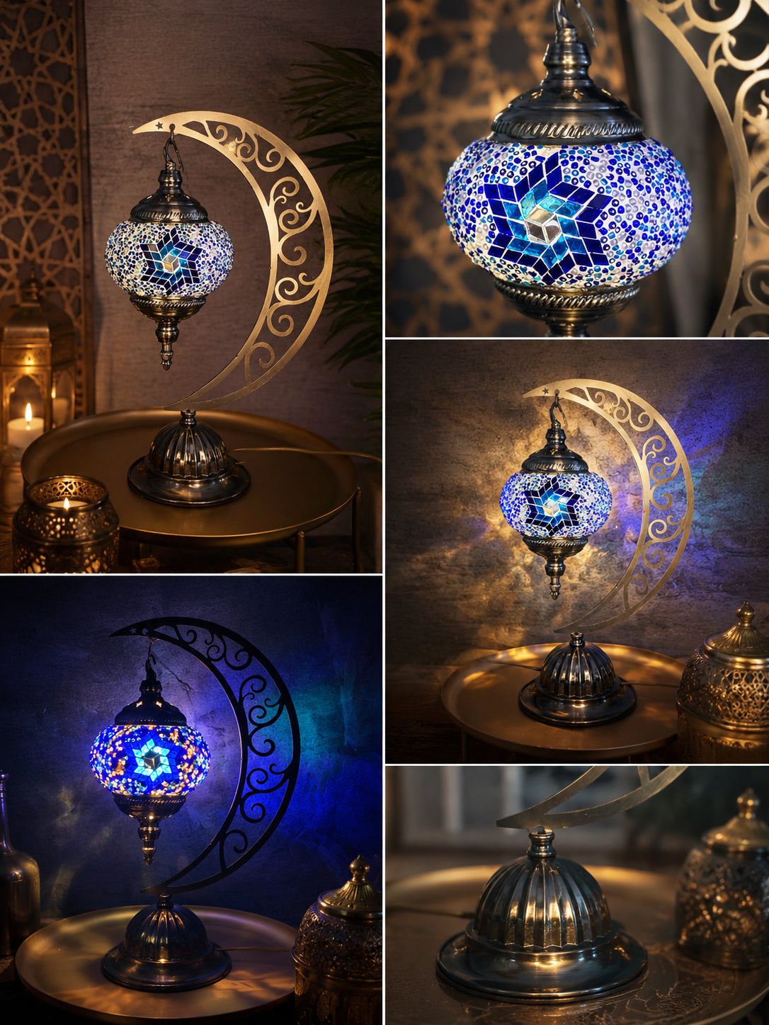 Lampe lune mosaïque bleue – collage vues multiples – Mosaic Dream