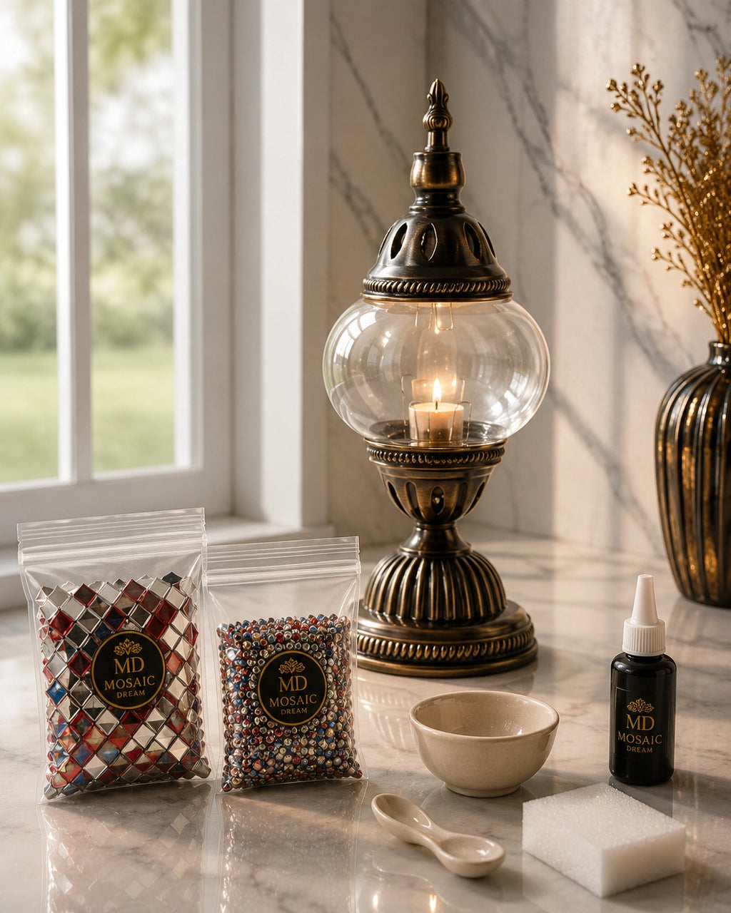 Kit DIY lampe mosaïque de 29 cm avec globe en verre, structure métallique et accessoires