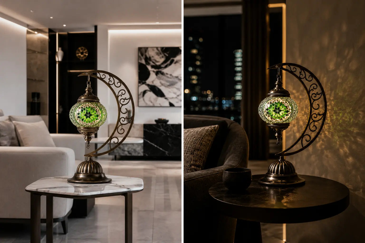 Lampe lune mosaïque verte – salon moderne ambiance lumineuse – Mosaic Dream