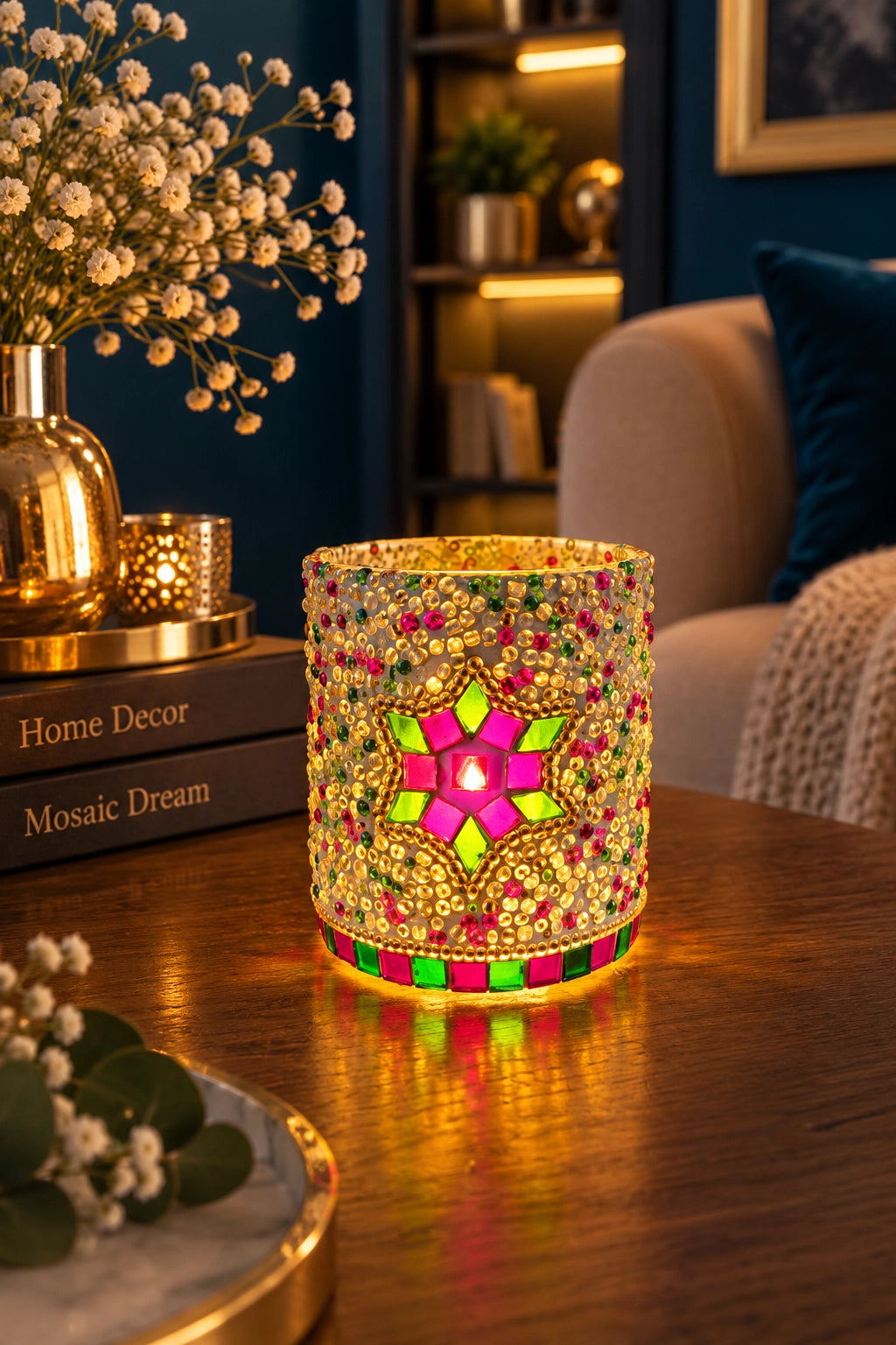 Photophore mosaïque rouge vert et doré illuminé dans un intérieur chaleureux