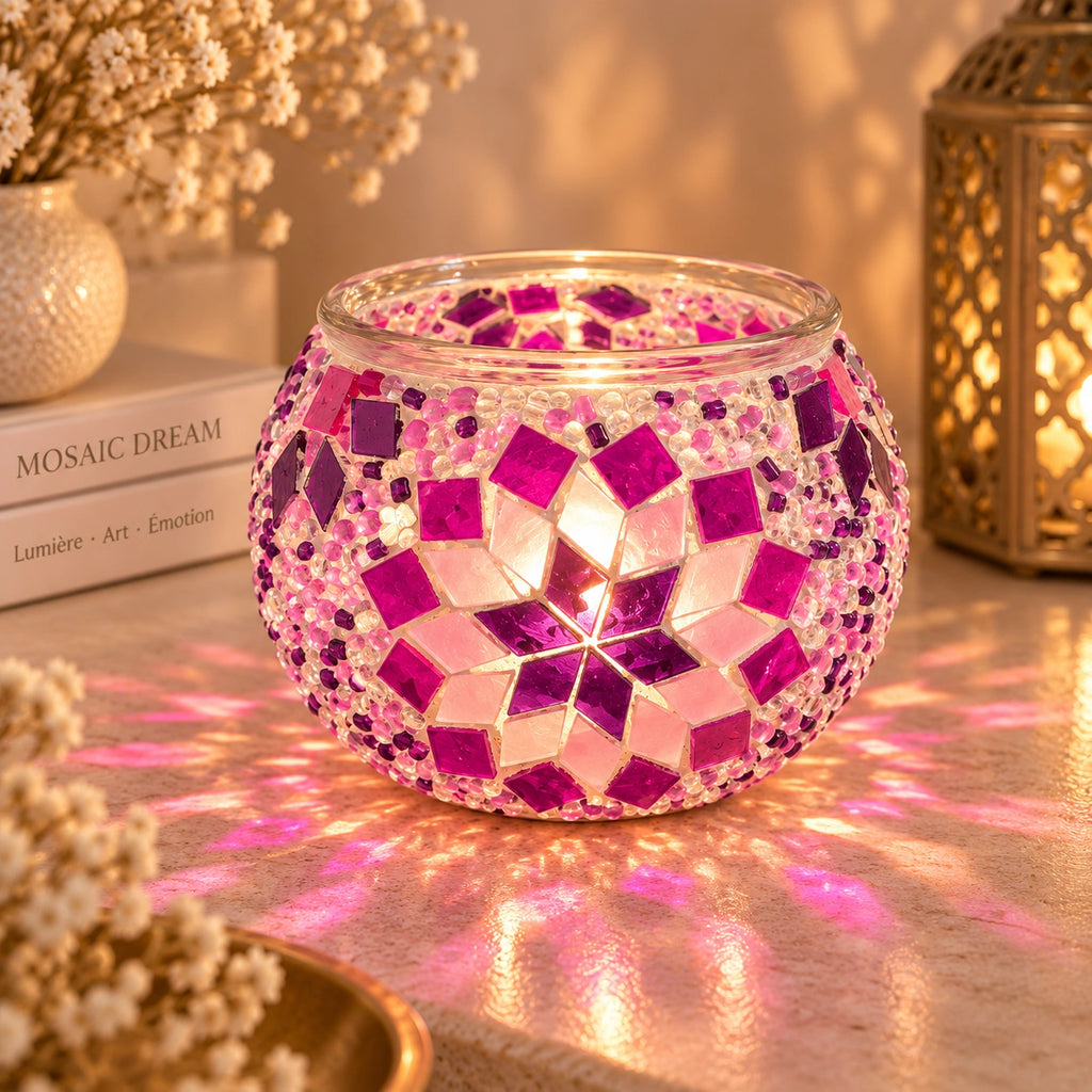 Photophore mosaïque rose et fuchsia allumé diffusant une lumière orientale chaleureuse